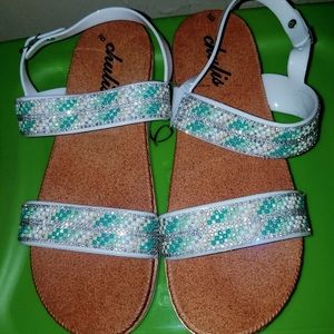 White Turquoise Sequin Rhinestone Plastic Bead Strappy Jelly Sandals Shoes